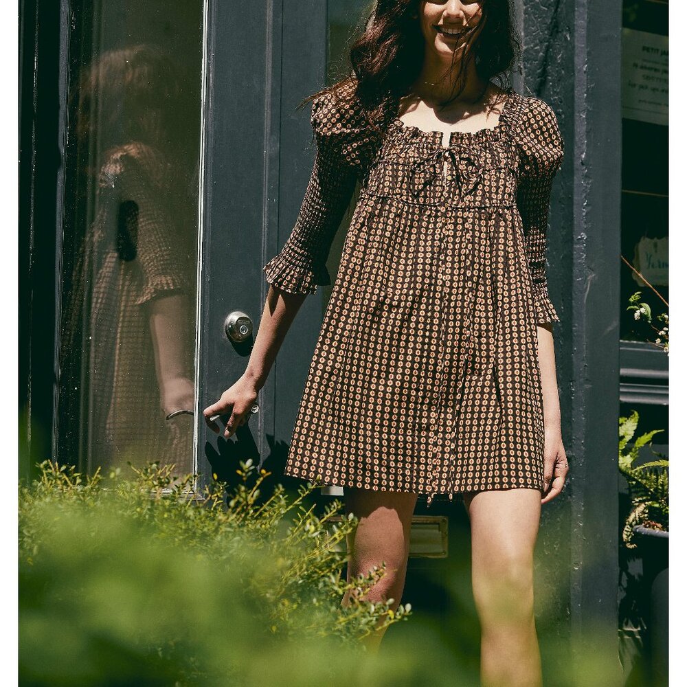 Free People Mini Dress in Brown and Cream Geometric Print